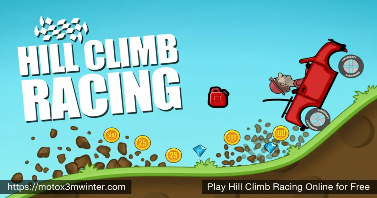 Newton Bill driving a red jeep up a steep hill in Hill Climb Racing gameplay