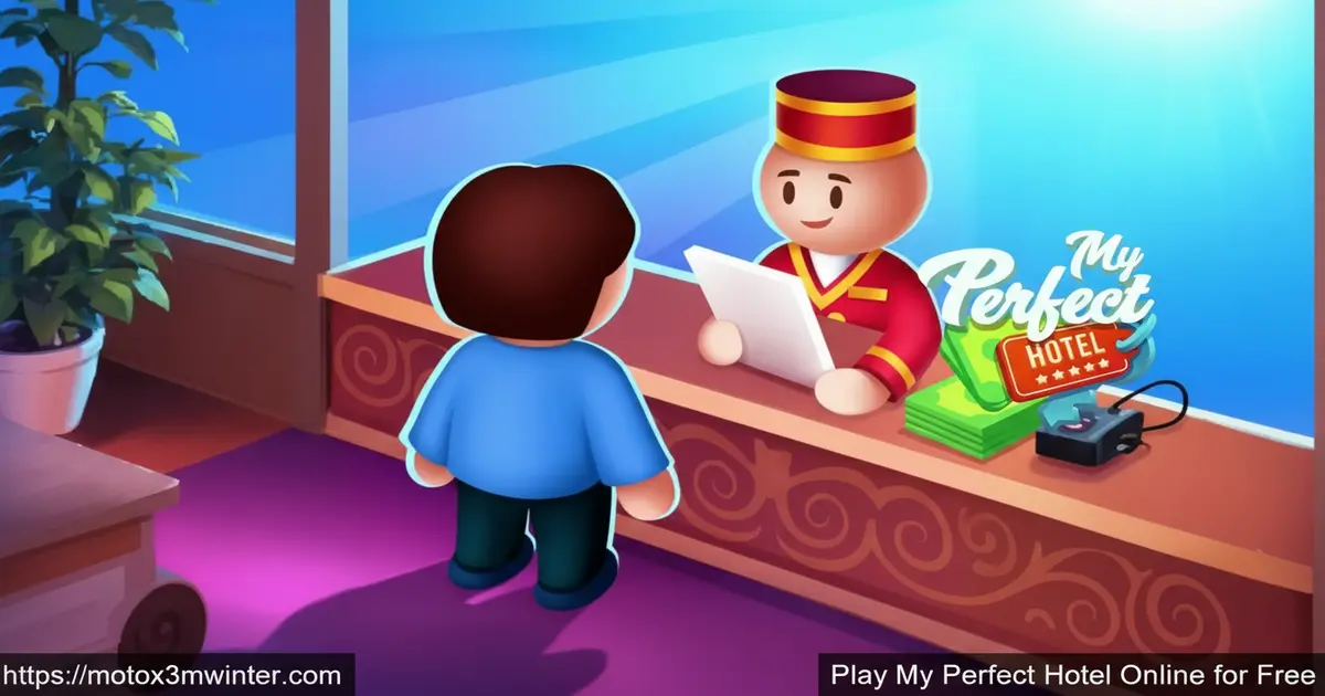 My Perfect Hotel gameplay showing a busy lobby with guests checking in and a manager running around