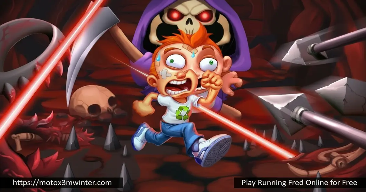 Fred running away from the Grim Reaper in a dungeon filled with traps