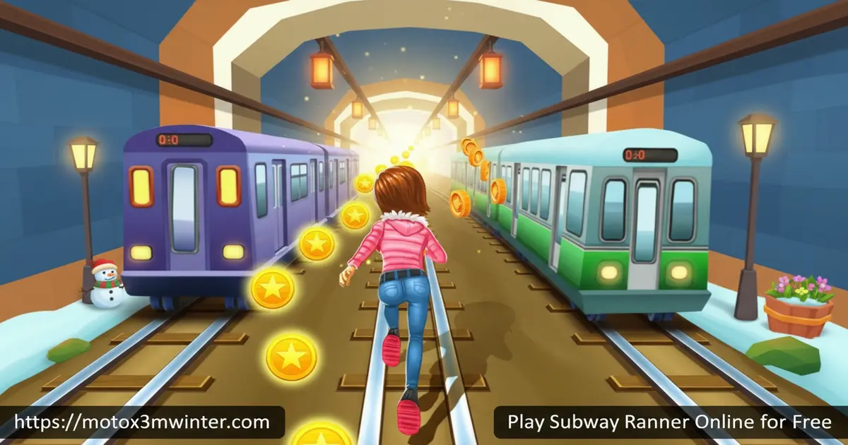 Subway Runner game featuring a character dashing through subway tracks and dodging trains