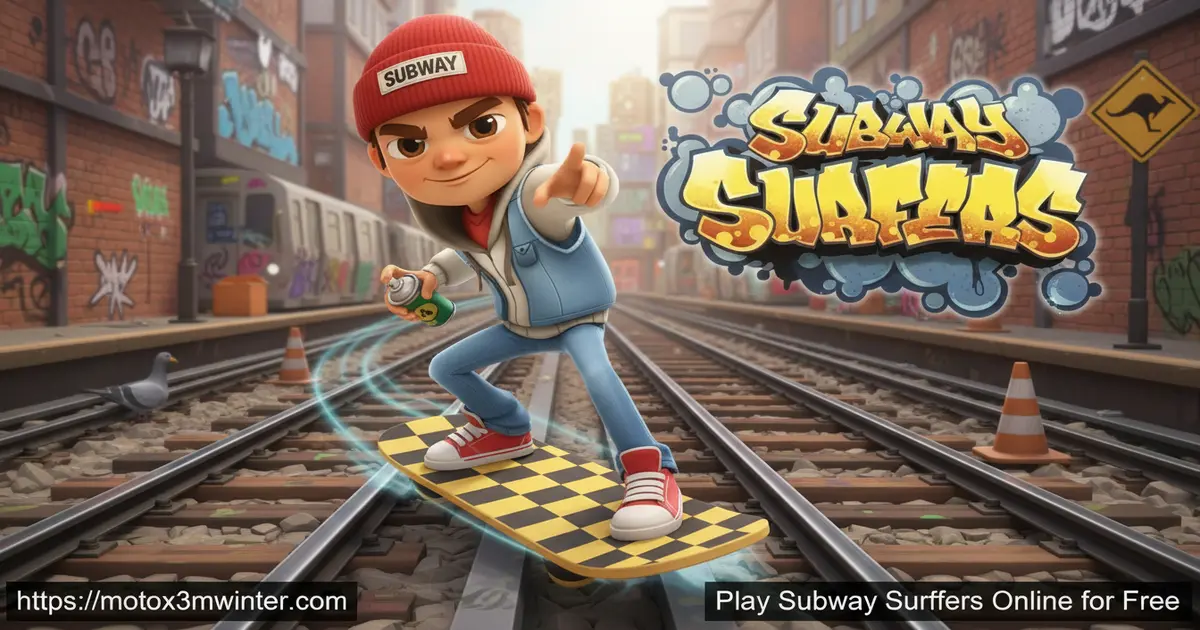 Jake surfing on a hoverboard while dodging trains in Subway Surfers gameplay