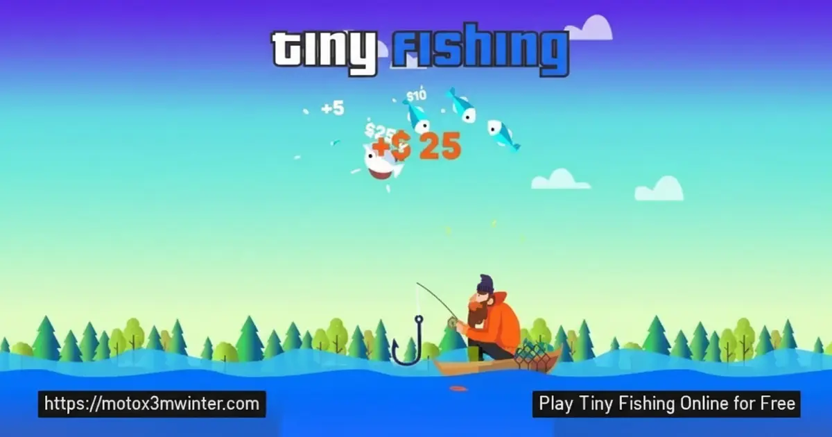 Tiny Fishing Gameplay showing a boat casting a line into deep blue water with colorful fish