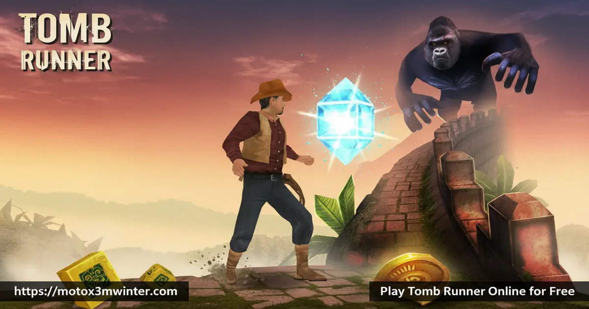 Tomb Runner gameplay showing a character dodging obstacles on a stone bridge