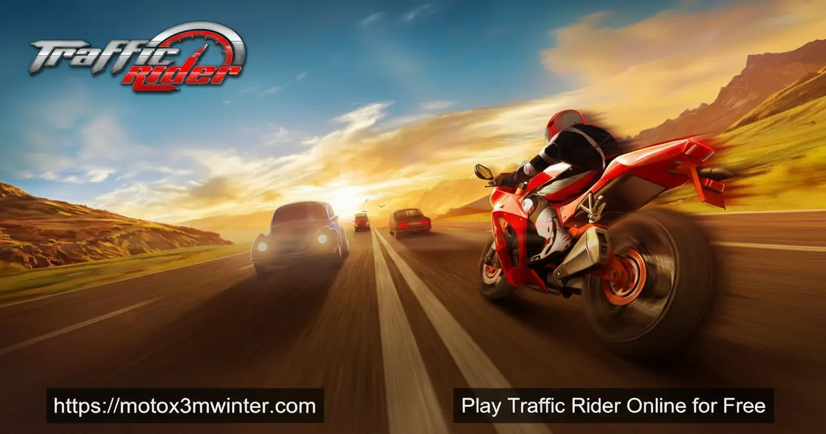 Traffic Rider gameplay showing a motorcycle speeding through highway traffic in first-person view