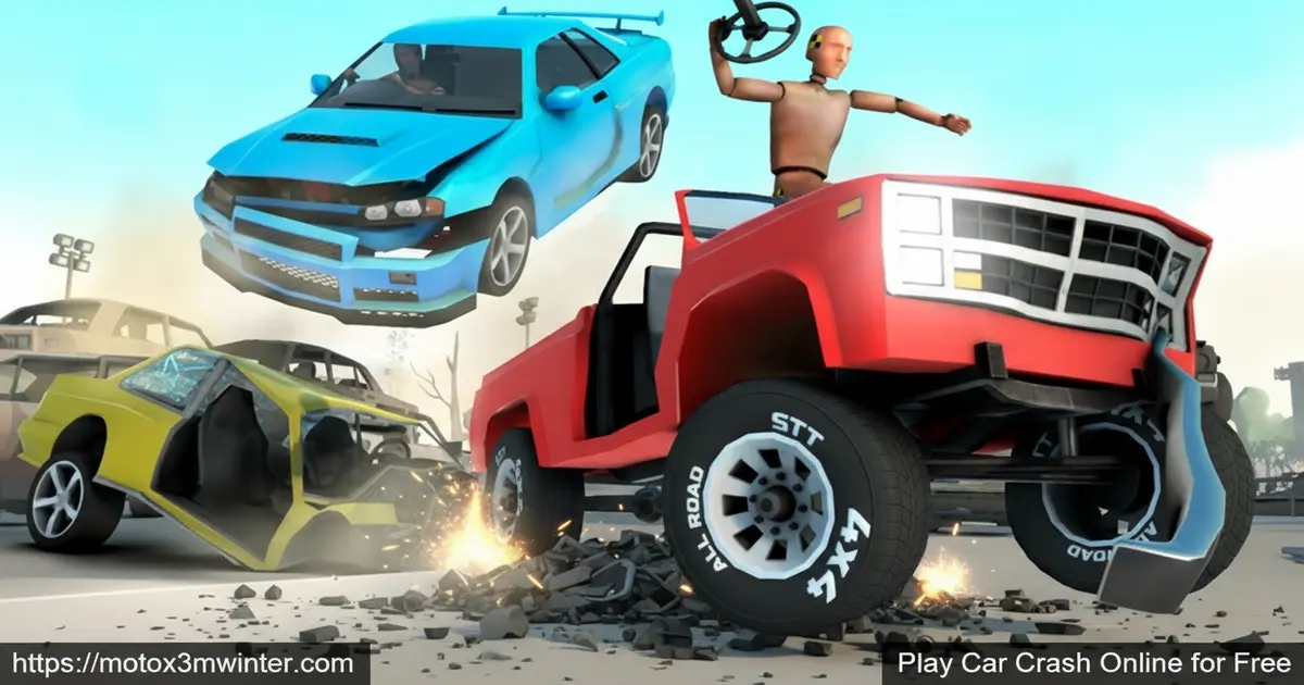 A colorful cartoon car speeding through an arena ready to crash into opponents