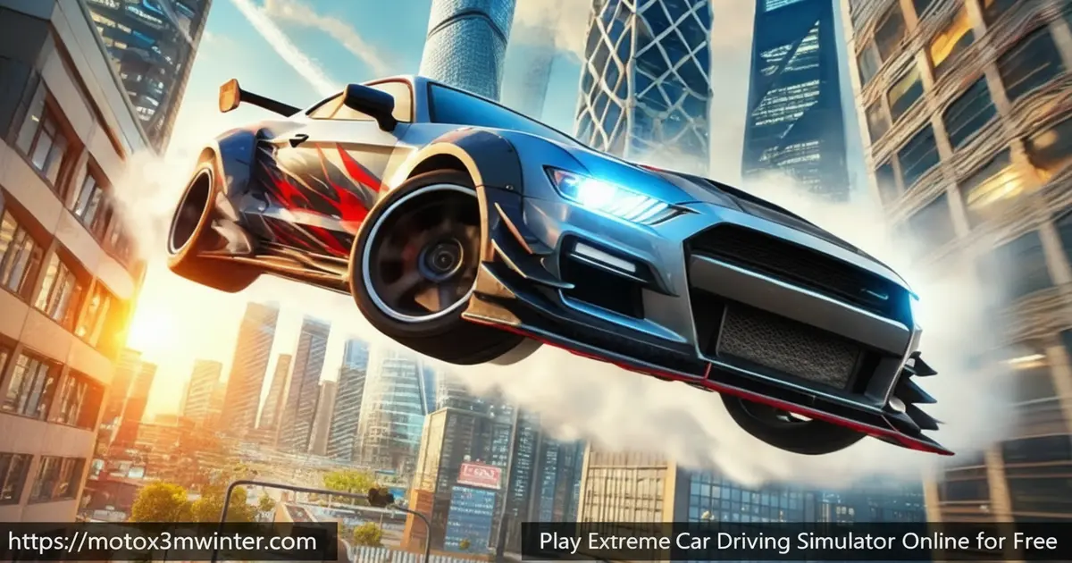 Extreme Car Driving Simulator gameplay showing a sports car drifting in a city