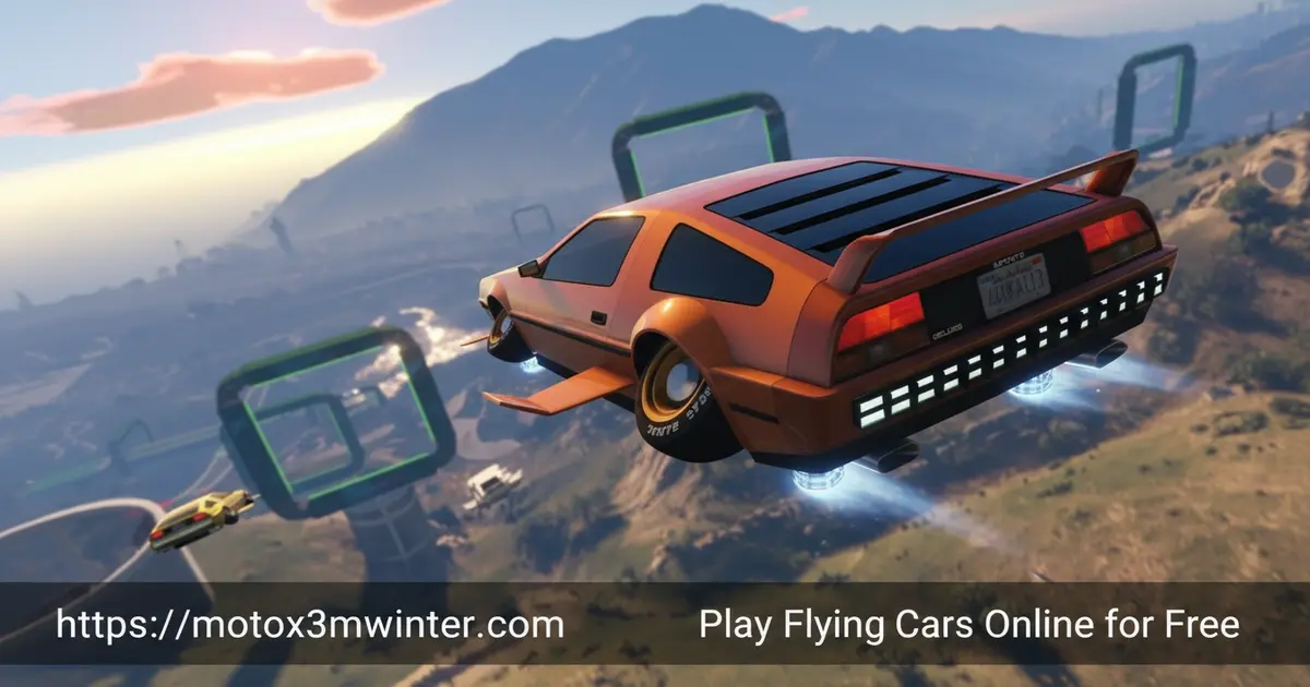 Flying Cars game featuring a sports car with wings flying over a city