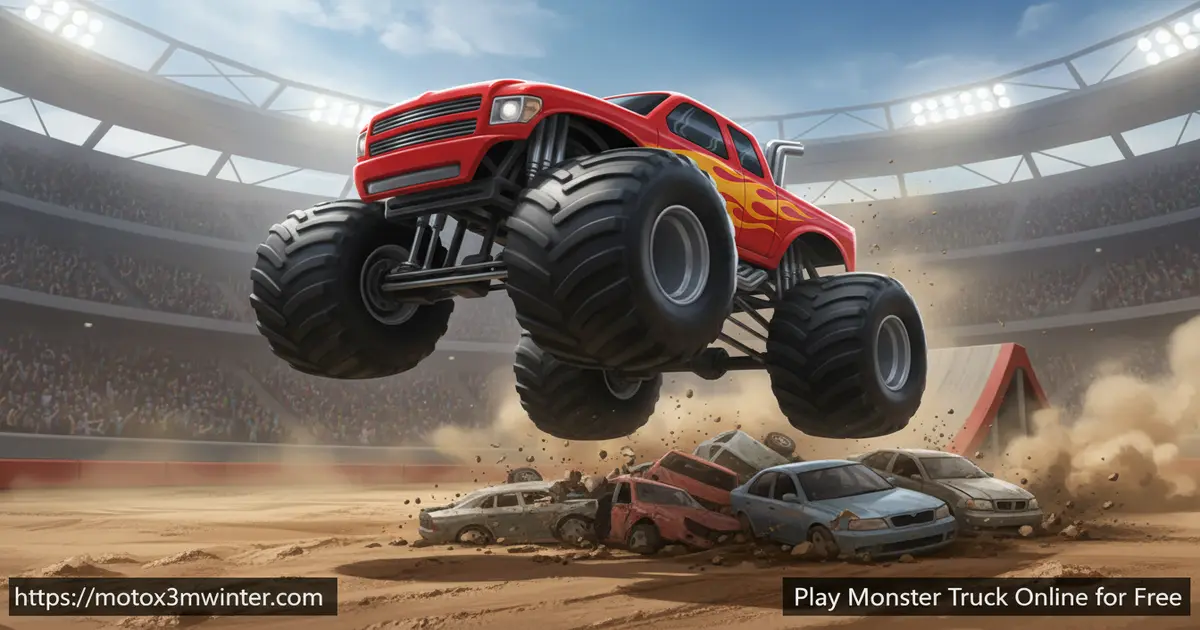 Monster Truck game online showing a big truck jumping over cars